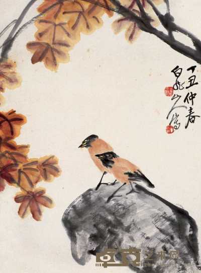 王震 丁丑（1937年）作 双鸟枫叶 立轴 44.5×32cm